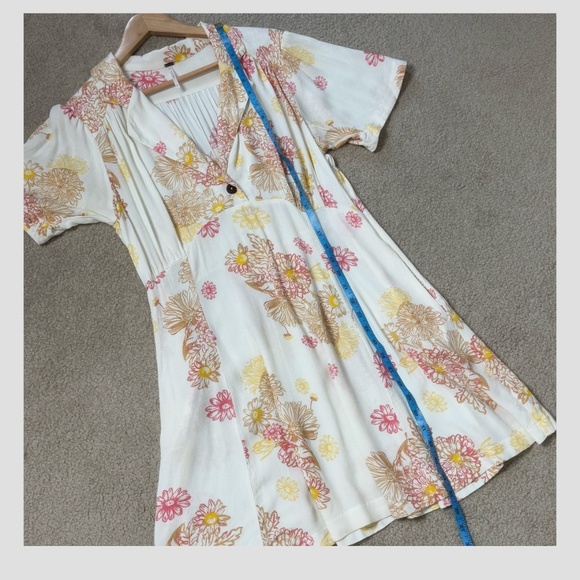 Free People Hawaii Dress Empire Waist Short Sleeve Mini Length Pink Yellow Cream - Picture 14 of 15